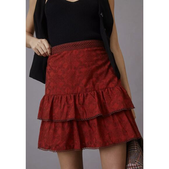 NEW Anthropologie Maeve Embroidered Red Mini Skirt - Size: 2 - Picture 2 of 10